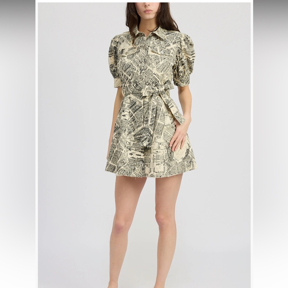 En Saison Adira Printed Belted Shirtdress in Cream and Black